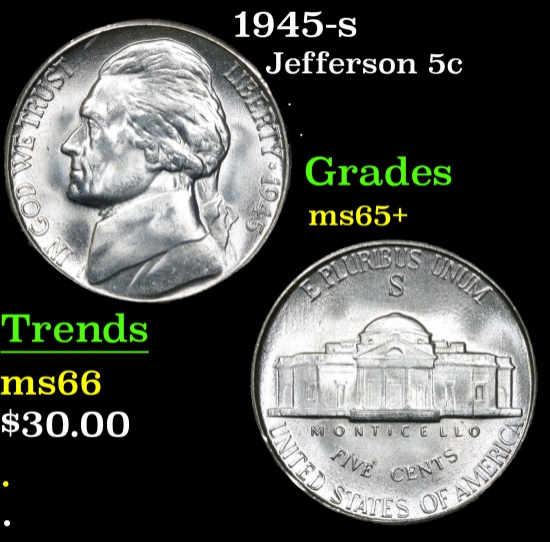 1945-s . . Jefferson Nickel 5c Grades GEM+ Unc