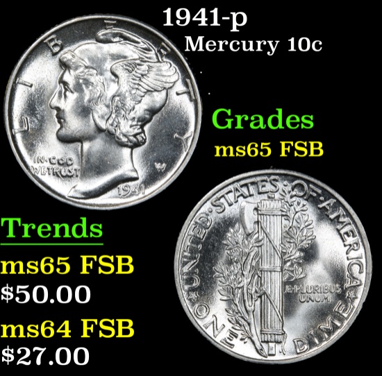 1941-p . . Mercury Dime 10c Grades GEM FSB