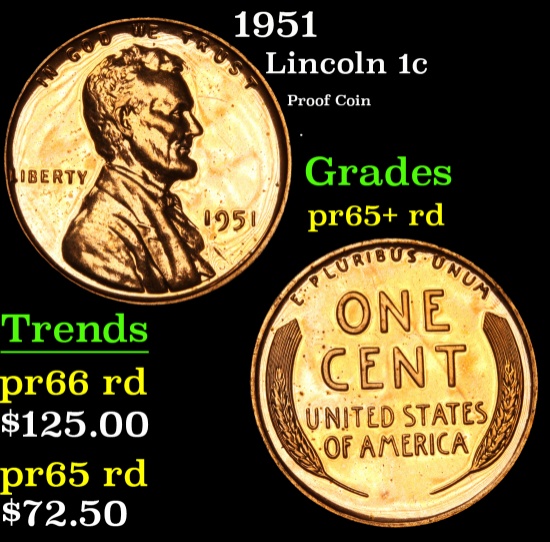 1951 Proof Coin . Lincoln Cent 1c Grades Gem+ Proof Red