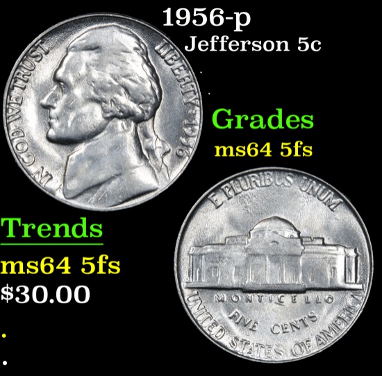 1956-p . . Jefferson Nickel 5c Grades Choice Unc 5fs