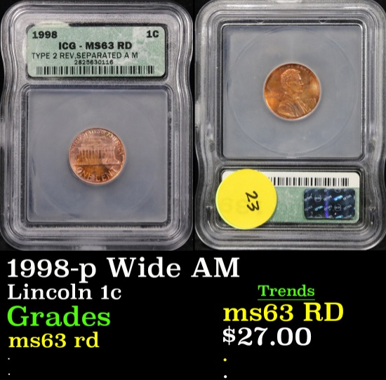 1998-p Wide AM Lincoln Cent 1c Graded  Select Unc RD By ICG