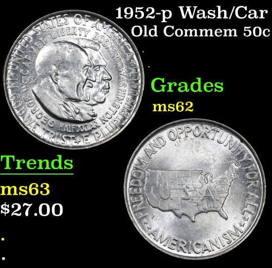 1952-p Wash/Car Old Commem Half Dollar 50c Grades Select Unc