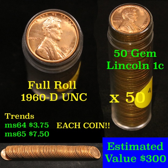 Uncirculated 1960-d Lincoln Cent 1c Roll, 50 pieces