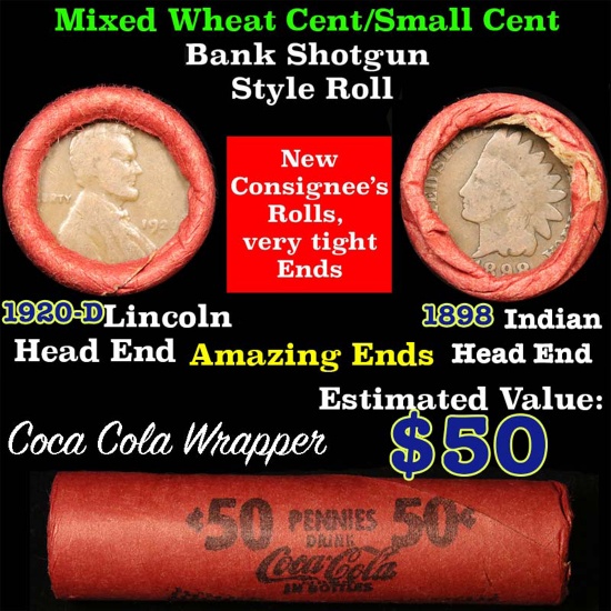 Mixed small cents 1c orig shotgun roll, 1920-d one end, 1898 Indian cent other end