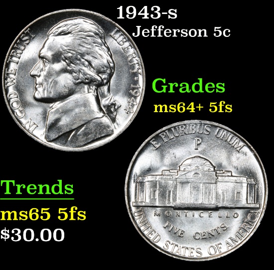 1943-s . . Jefferson Nickel 5c Grades Choice Unc+ 5fs