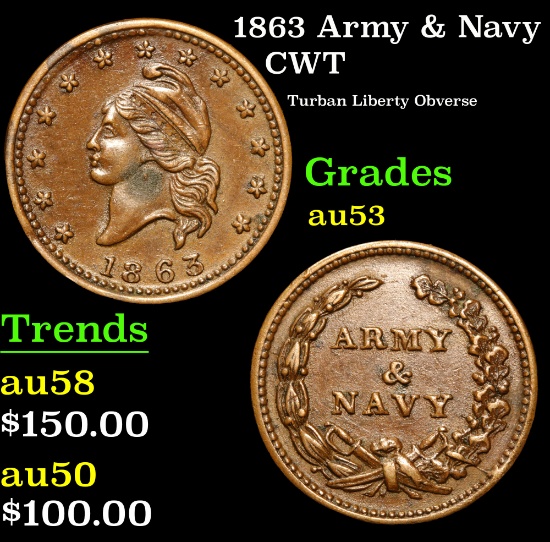 1863 Army & Navy Turban Liberty Obverse . Civil War Token 1c Grades Select AU