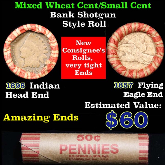 Mixed small cents 1c orig shotgun roll, 1895 Indian one end, 1857 Flying Eagle other end