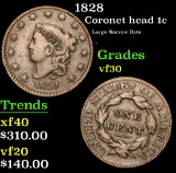 1828 Large Narrow Date . Coronet Head Large Cent 1c Grades vf++