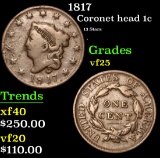 1817 13 Stars . Coronet Head Large Cent 1c Grades vf+
