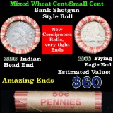 Mixed small cents 1c orig shotgun roll, 1885 Indian one end, 1858 Flying Eagle other end