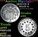*Auction Highlight* 1873 Cl 3 Incredible Mirror Fields . Shield Nickel 5c Grades Choice Proof (fc)