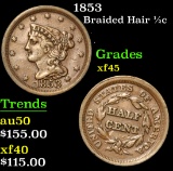1853 . . Braided Hair Half Cent 1/2c Grades xf+