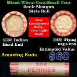 Mixed small cents 1c orig shotgun roll, 1895 Indian one end, 1857 Flying Eagle other end