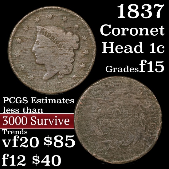 1837 Coronet Head Large Cent 1c Grades f+