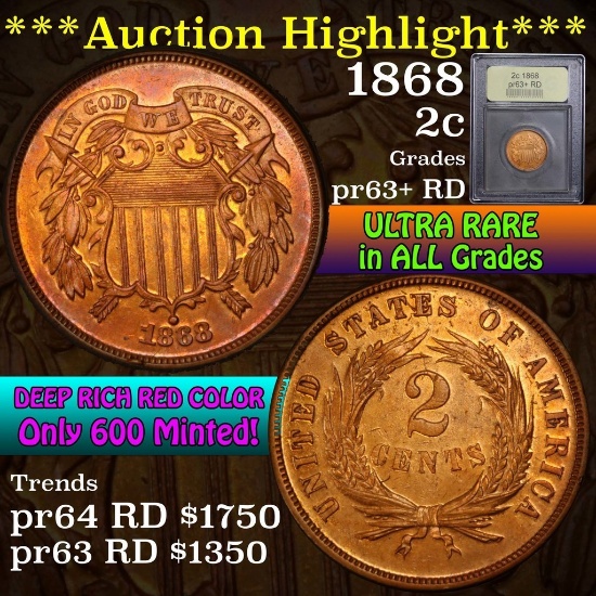 ***Auction Highlight*** 1868 Two Cent Piece 2c Graded Select+ Proof Red by USCG (fc)