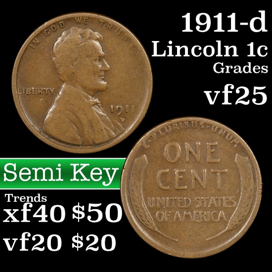 1911-d Lincoln Cent 1c Grades vf+