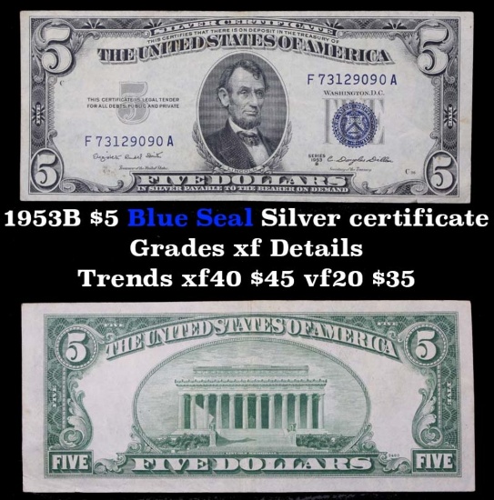 1953B $5 Blue Seal Silver certificate Grades xf details