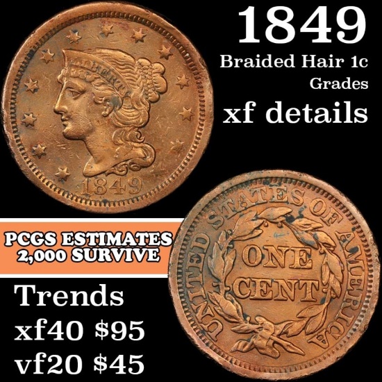 1849 Braided Hair Large Cent 1c Grades xf details