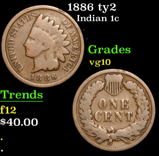 1886 ty2 . . Indian Cent 1c Grades vg+