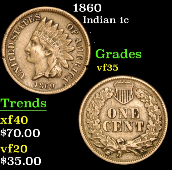 1860 . . Indian Cent 1c Grades vf++