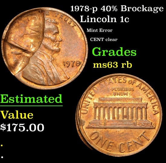1978-p 40% Brockage Mint Error CENT clear Lincoln Cent 1c Grades Select Unc RB
