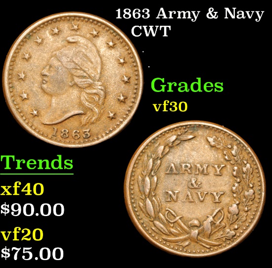 1863 Army & Navy . . Civil War Token 1c Grades vf++