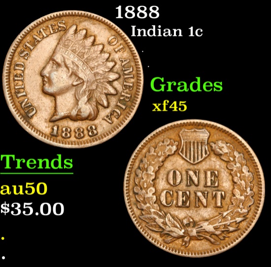 1888 . . Indian Cent 1c Grades xf+