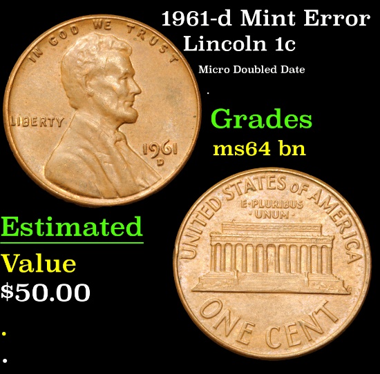 1961-d Mint Error Micro Doubled Date . Lincoln Cent 1c Grades Choice Unc BN