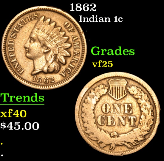 1862 . . Indian Cent 1c Grades vf+
