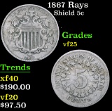 1867 Rays . . Shield Nickel 5c Grades vf+