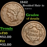 1842 Small Date . Braided Hair Large Cent 1c Grades vf details