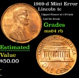 1969-d Mint Error Clipped Plancet at 5 O'Clock Cool Die Break Lincoln Cent 1c Grades Choice Unc RB