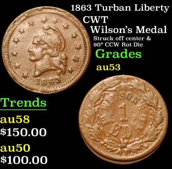 1863 Turban Liberty Wilson's Medal Struck off center & 90¡ CCW Rot Die CWT 1c Grades Select AU