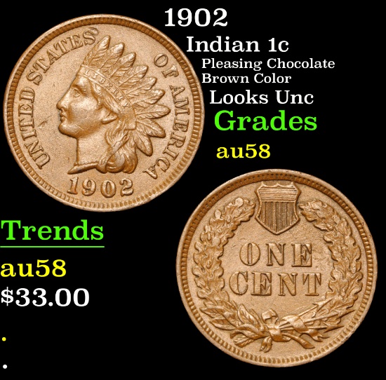 1902 Pleasing Chocolate Brown Color Looks Unc Indian Cent 1c Grades Choice AU/BU Slider