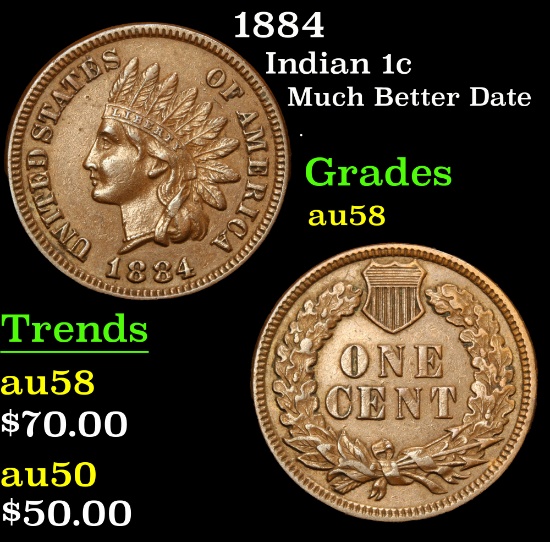 1884 Much Better Date . Indian Cent 1c Grades Choice AU/BU Slider