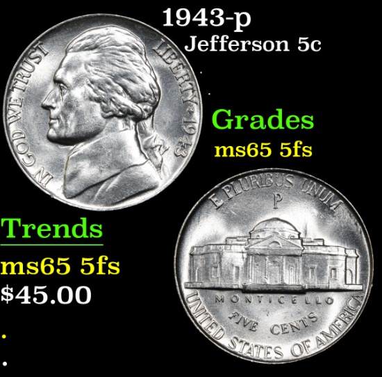 1943-p . . Jefferson Nickel 5c Grades GEM 5fs