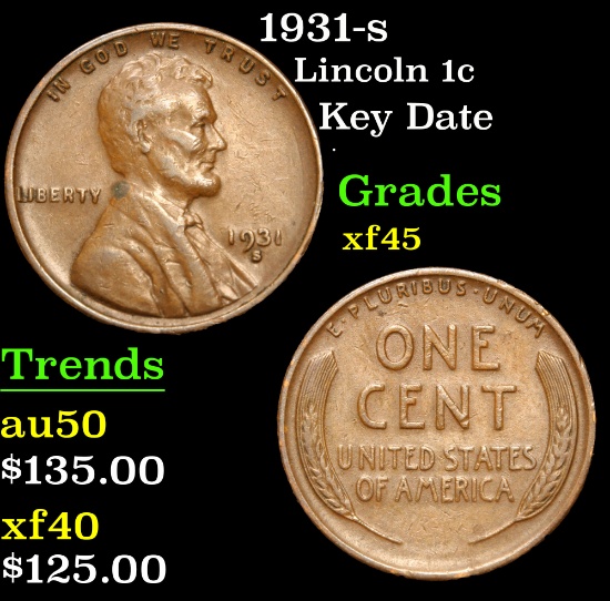1931-s Key Date . Lincoln Cent 1c Grades xf+