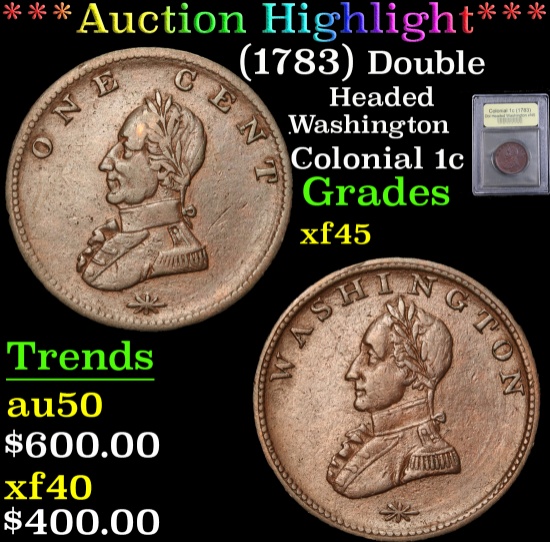 ***Auction Highlight*** (1783) Double Headed Washington . . Colonial Cent 1c Graded xf+ By USCG (fc)