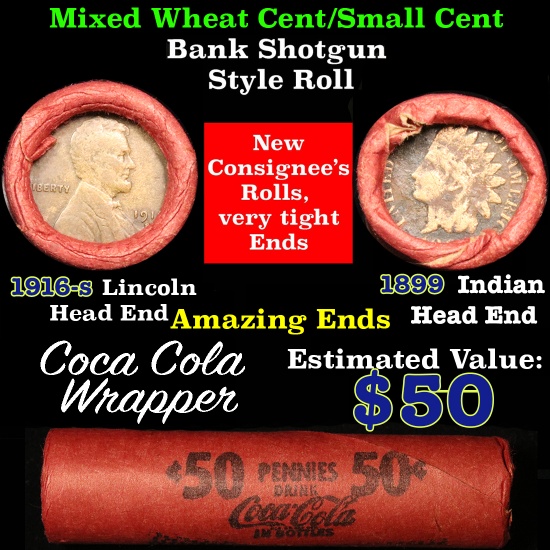 Mixed small cents 1c orig shotgun roll, 1916-s one end, 1899 Indian cent other end