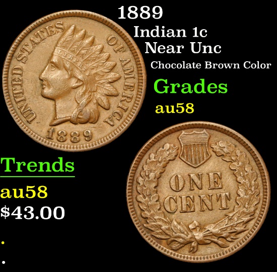 1889 Near Unc Chocolate Brown Color Indian Cent 1c Grades Choice AU/BU Slider