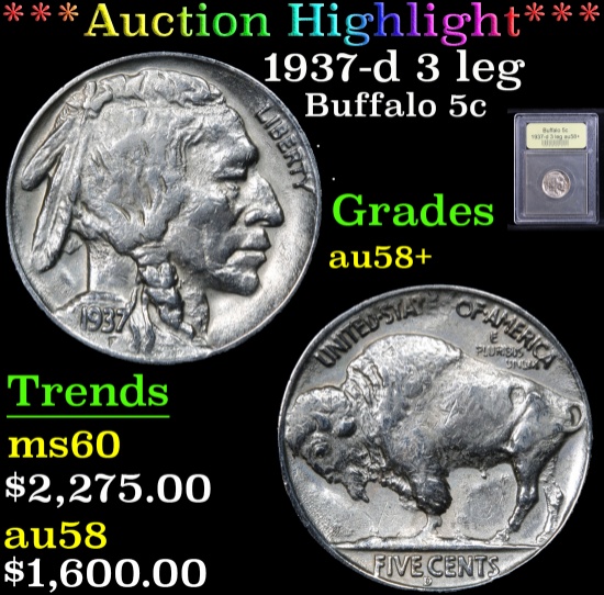 *Auction Highlight* 1937-d 3 leg . Buffalo Nickel 5c Graded Choice AU/BU Slider+ By USCG (fc)