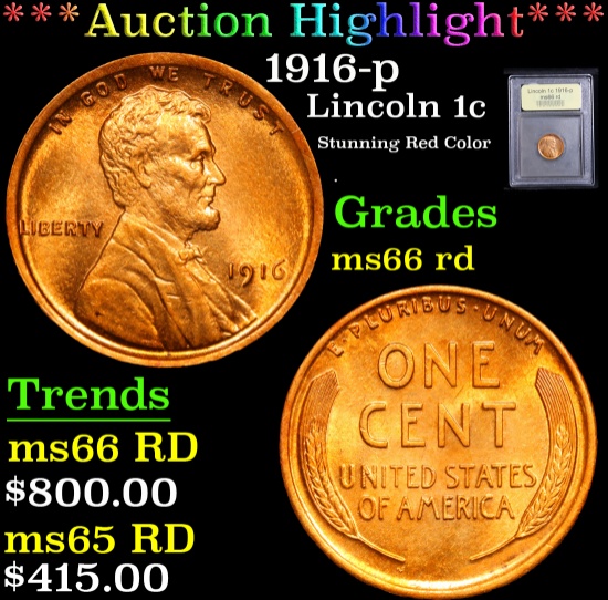 ***Auction Highlight*** 1916-p Stunning Red Color . Lincoln Cent 1c Graded GEM+ Unc RD By USCG (fc)