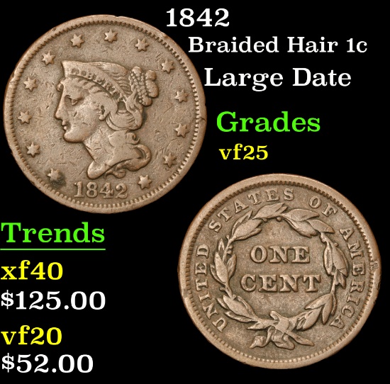 1842 Large Date . Braided Hair Large Cent 1c Grades vf+