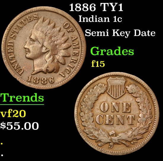 1886 TY1 Semi Key Date . Indian Cent 1c Grades f+