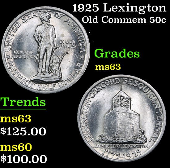 1925 Lexington . . Old Commem Half Dollar 50c Grades Select Unc