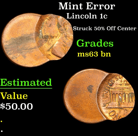 Mint Error Struck 50% Off Center . Lincoln Cent 1c Grades Select Unc BN