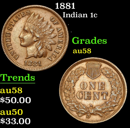 1881 . . Indian Cent 1c Grades Choice AU/BU Slider