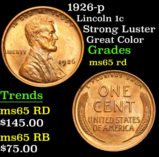 1926-p Strong Luster Great Color Lincoln Cent 1c Grades GEM Unc RD