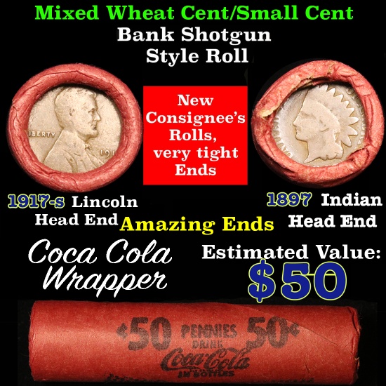 Mixed small cents 1c orig shotgun roll, 1917-s one end, 1897 Indian cent other end