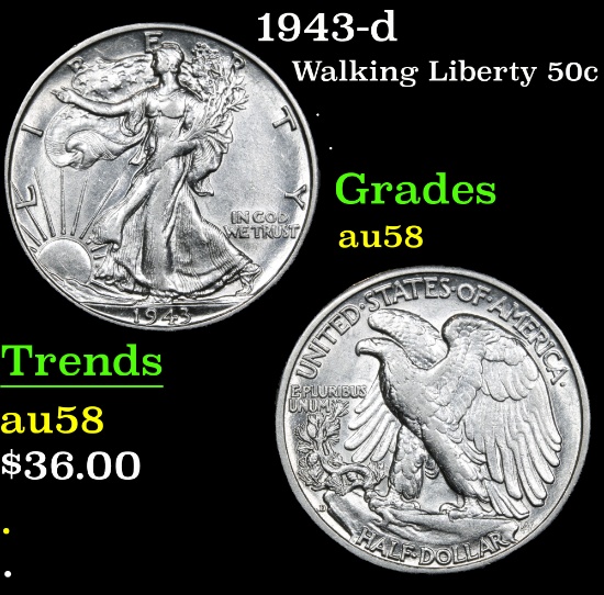1943-d . . Walking Liberty Half Dollar 50c Grades Choice AU/BU Slider